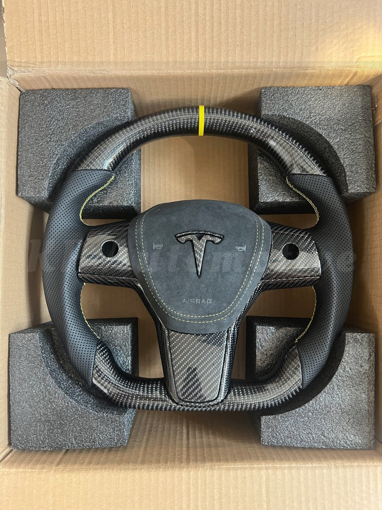 Model 3 Gloss Carbon Fiber Steering Wheel (Perforated Leather) - Full Set