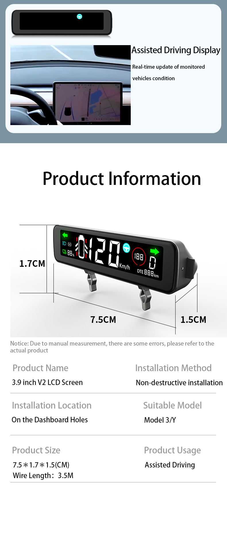 3.9-inch Mini Instrument Cluster Display for Tesla Model 3/Y